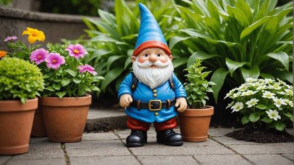 Déco jardin: nain de jardin, sac de culture, plante et fleur artificielle